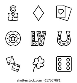 Luck icons set. set of 9 luck outline icons such as Clover, Diamonds, Casino chip, Dice, Casino boy, Spades, Vegas, horseshoe