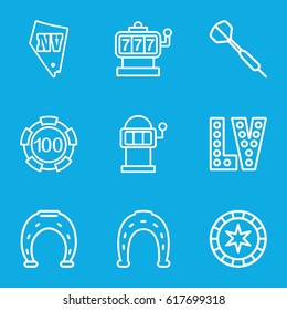 Luck icons set. set of 9 luck outline icons such as Slot machine, 100 casino chip, Horseshoe, Vegas, dart, horseshoe