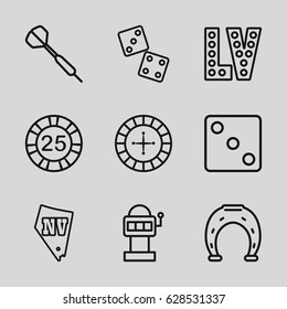 Luck icons set. set of 9 luck outline icons such as Roulette, 25 casino chip, Dice, Vegas, dart, horseshoe, dice