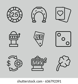 Luck icons set. set of 9 luck outline icons such as slot machine, casino chip and money, 25 casino chip, dice, spades, vegas, clover, horseshoe