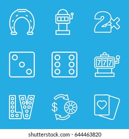 Luck icons set. set of 9 luck outline icons such as slot machine, casino chip and money, dice, casino bet, spades, vegas, horseshoe
