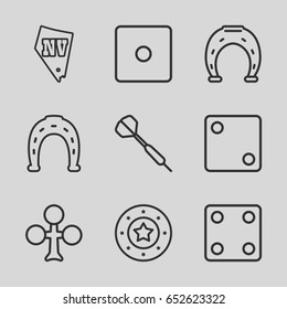 Luck icons set. set of 9 luck outline icons such as clubs, casino chip, horseshoe, dice, vegas, dart