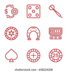 Luck icons set. set of 9 luck outline icons such as spades, roulette, casino chip and money, 25 casino chip, dice, slot machine, dart, horseshoe