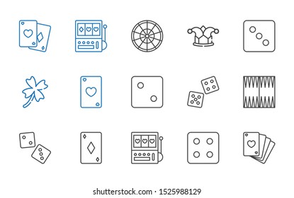 luck icons set. Collection of luck with poker, dice, slot machine, ace of diamonds, backgammon, ace of hearts, clover, joker, roulette. Editable and scalable luck icons.