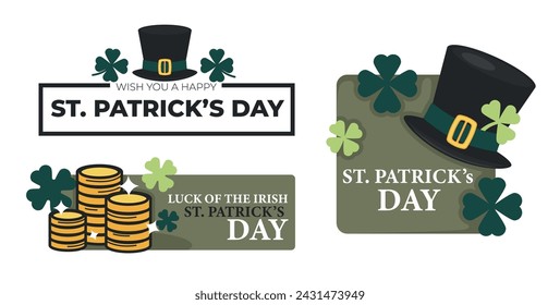 Luck of Irish Saint Patricks day, Christian feast. Isolated logo or emblem with simple graphic of leprechaun hat, three and four leaved shamrocks and coins. Wish happy holiday. Vector in flat style