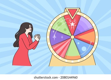 Luck and lottery attraction concept. Young smiling woman standing and crossing fists praying for luck in round circle lottery vector illustration 