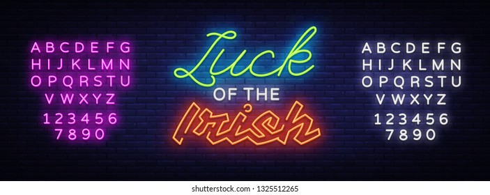 Luck oh the Irish Neon signboard Vector. Happy St. Patrick's Day neon sign, design template, modern trend design, night neon signboard, night bright advertising, light banner. Editing text neon sign