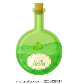 Botella de poción de suerte. Atrapado en líquido verde. Alquimia, fortuna, concepto de objeto de juego mágico. Ilustración vectorial en forma de dibujos animados planos aislados en el diseño de fondo blanco.