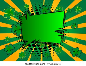 Luck related comic book background, banner, template, poster. Cartoon style explosion background with clover. Space for your text.