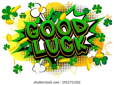 Luck related comic book style poster, banner, template. Cartoon style explosion background, raining clovers and gold, golden coins.