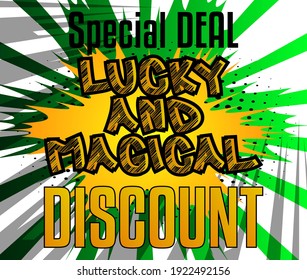 Luck related comic book style sale, discount poster, banner, template. Cartoon style explosion background. Special offer.
