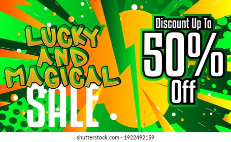Zum Glück verbundene Comic-Stil Verkauf, Discount Poster, Banner, Vorlage. Cartoon-Stil Explosion Hintergrund. Sonderangebot.