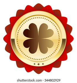 Luck seal or icon with clover symbol. Glossy golden seal or button.