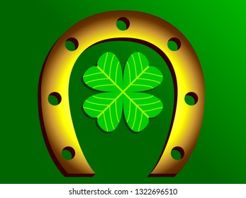 Luck symbol  gold horseshoe and four leaf clover on green background
