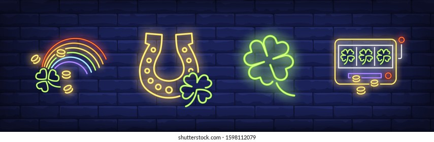 Luck symbols neon sign set. Clover leaf, horseshoe, rainbow, slot machine. Vector illustration in neon style, bright banner for topics like fortune, Saint Patrick Day, casino