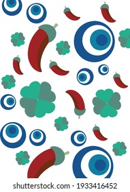Luck talisman objects: Evil Eye, pepper and clover.