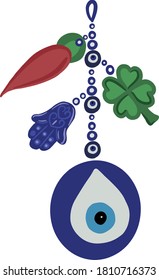 Luck talisman objects: Horseshoe, Hamsa Hand of Fatima, Evil Eye and clover.