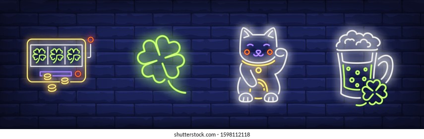 Luck Talismans Neon Sign Set. Clover Leaf, Slot Machine, Irish Beer, Cat. Vector Illustration In Neon Style, Bright Banner For Topics Like Fortune, Saint Patrick Day, Casino