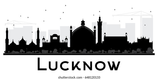 Lucknow City skyline black and white silhouette. Simple flat concept for tourism presentation, banner, placard or web site. Cityscape with landmarks.