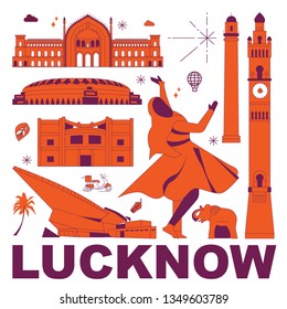 Lucknow culture travel set, famous architectures and specialties in flat design. Business travel and tourism concept clipart. Image for presentation, banner, website, advert, flyer, roadmap, icons.