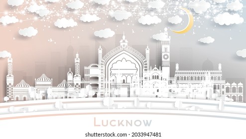 Lucknow India City Skyline in Paper Cut Style with White Buildings, Moon and Neon Garland. Vector Illustration. Travel and Tourism Concept. Lucknow Cityscape with Landmarks.