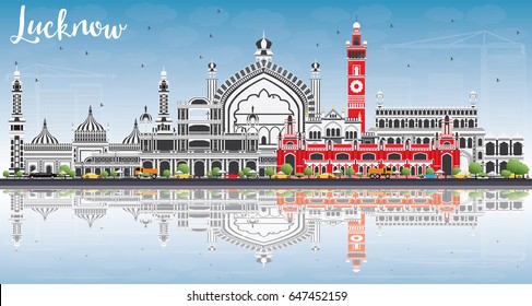 Lucknow Skyline with Gray Buildings, Blue Sky and Reflections. Vector Illustration. Business Travel and Tourism Concept with Modern Architecture. Image for Presentation Banner Placard and Web Site.