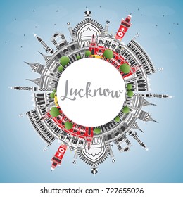Lucknow Skyline with Gray Buildings, Blue Sky and Copy Space. Vector Illustration. Business Travel and Tourism Concept with Historic Architecture.