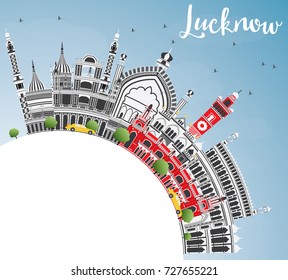 Lucknow Skyline with Gray Buildings, Blue Sky and Copy Space. Vector Illustration. Business Travel and Tourism Concept with Historic Architecture.