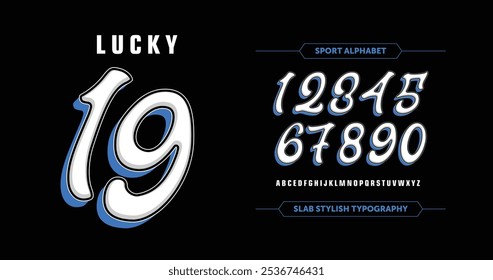 Lucky 19: Bold, stylish number typography with uppercase characters. Ideal for custom sports jerseys, team apparel, and standout designs. Versatile and dynamic for athletic themes. Vector illustration