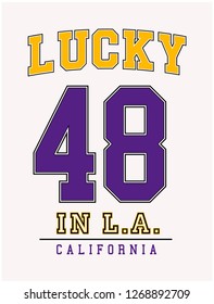 LUCKY 48,varsity,slogan graphic for t-shirt,vector