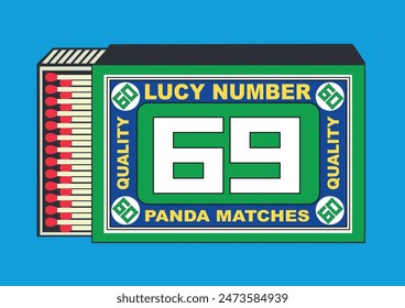 lucky 69 number vector icon. illustration in Matchbox and matches illustration. Vintage and antique matchbox packaging design illustration. retro style packaging. old style design. open box template.