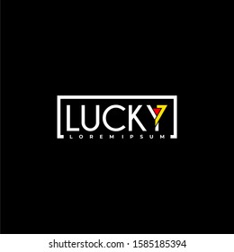 Lucky 7 text logotype with square line art and champagne glass illustration in  flat design pictogram symbol