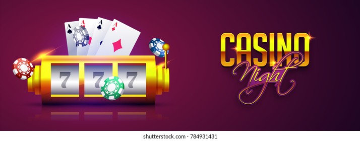 Lucky 777 Slot machine with chip, cards and text Casino night on purple background.