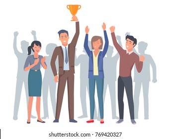 Lucky and applauding four humans with gold trophy in startup. Cheerful office worker raised high yellow cup vector illustration.