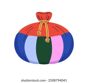 Lucky bag for Korean Chuseok, lunar holiday. Fortune coin gift pouch for prosperity. Traditional Chinese Asian bokjumeoni from striped silk. Flat vector illustration isolated on white background