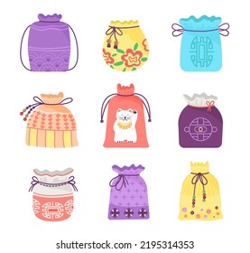 Lucky bags. Art chinese bag, korean happy traditional pocket. Asian tradition present purse, chuseok elements. Oriental holiday gifts decent vector icon