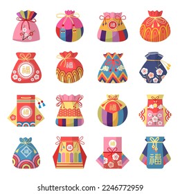 Lucky bags. Containers for gifts lucky pockets recent vector authentic asian templates