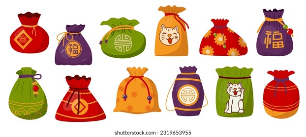 Lucky bags. Cute traditional asian gift with ribbons, holiday festival asian colorful gift bags, decorated with korean symbols. Vector set of gift design asian illustration