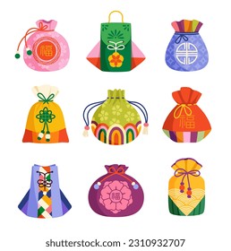 Lucky bags set. Chinese or Korean traditional coin pockets. Colored Asian symbols of luck and prosperity. Floral pouches with hieroglyphs. Cartoon flat vector collection isolated on white background