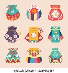 Lucky bags. Traditional asian lucky symbols containers for gifts chinese pocket recent vector illustrations set