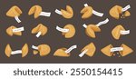 Lucky biscuits. Chinese fortune delicious cookies crackers snacks with piece of papers with happy wishes recent vector flat set illustrations