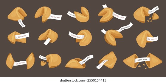 Lucky biscuits. Chinese fortune delicious cookies crackers snacks with piece of papers with happy wishes recent vector flat set illustrations