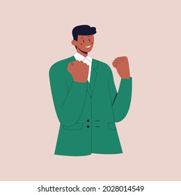 Lucky black businessman say yes with relieved face, smiling and making fist pump, triumphing of success. Colorful flat vector illustration on isolated background. Eps 10.