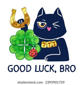 Gato negro afortunado con herradura, amante y insecto. Ilustración vectorial de un gato negro frío, impresión infantil para una camiseta blanca con la frase graciosa Good Luck Bro