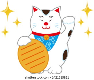 Lucky  black cat sitting and holding golden coin. Cute cartoon character. Japanese lucky cat Maneki neko