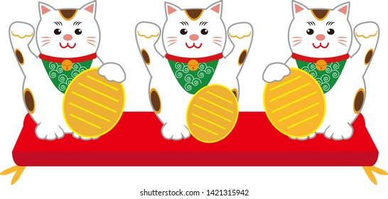 Lucky  black cat sitting and holding golden coin. Cute cartoon character. Japanese lucky cat Maneki neko