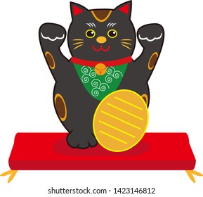 Lucky  black cat sitting and holding golden coin. Cute cartoon character. Japanese lucky cat Maneki neko. Black cats.