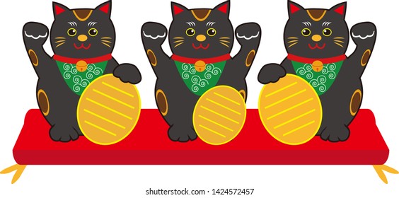 Lucky  black cat sitting and holding golden coin. Cute cartoon character. Japanese lucky cat Maneki neko. Black cats.