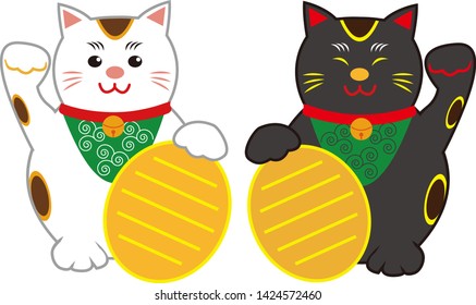 Lucky  black cat sitting and holding golden coin. Cute cartoon character. Japanese lucky cat Maneki neko. Black cats.