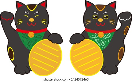 Lucky  black cat sitting and holding golden coin. Cute cartoon character. Japanese lucky cat Maneki neko. Black cats.